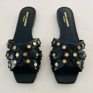 Saint Laurent Tribute Stud Slides Black Gold EU 36.5 NWT